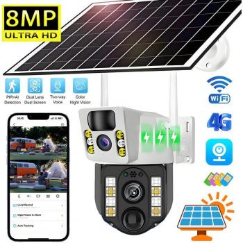 Cámara Solar Inalámbrica 4K 8MP para Exterior con Wifi, 4G, Sim, Vigilancia, Pantalla Doble y Panel Impermeable IP