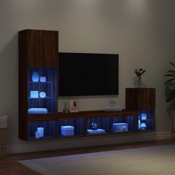 Muebles de TV de pared con LED 4 piezas de madera de roble marrón multicapa
