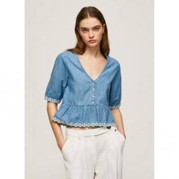 Blusa Berta azul de mujer Pepe Jeans con cuello pico y manga abullonada