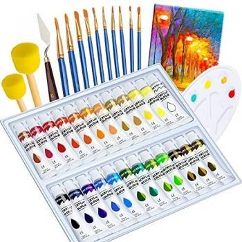 ASCOZY Pintura Acrílica de 24 Colores, Pintar Sobre Papel, Lienzo, Cerámica, Madera, Set de Pintura con 10 Pinceles, 2 Esponjas, Paleta, Lienzo, Rasqueta, Regalo para Principiantes y Artistas