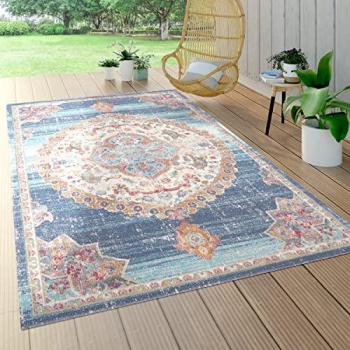 Alfombra Exterior e Interior Cocina Balcón Terraza Motivo Oriental Moderna con Ribete Azul, Tamaño: 160x230 cm - Paco Home