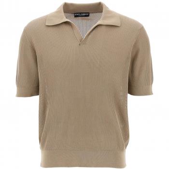 Dolce & Gabbana Men's Cotton Ribbed Perforated Polo Shirt - Size M - Beige