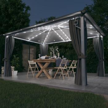 Cenador con cortinas y tira de luz LED de aluminio antracita 400x300 cm
