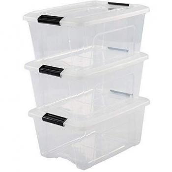 Iris Ohyama, Juego de 3 Cajas de Almacenamiento, 15 L, con Cierre a Presión, Apilable, Sala de Estar, Dormitorio, Garaje - New Top Box Ntb-15 - Transparente