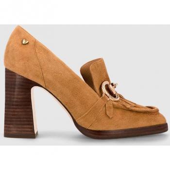 Mocasines de mujer Lodi en piel serraje de color marrón con tacón y detalle de hebilla