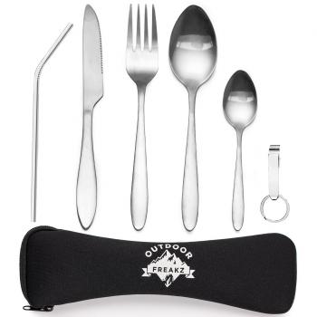 OUTDOOR FREAKZ Cubiertos para cámping - Vajilla de Exteriores de Acero Inoxidable con Bolsa de Neopreno