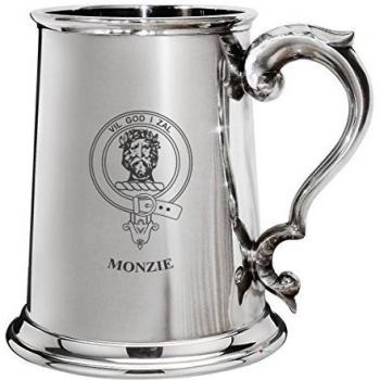 Monzie Family Crest Polished Pewter 1 Pint Tankard with Scroll handle