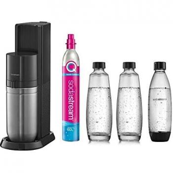 SodaStream DUO Gasificador de Agua Negro/Acero Inoxidable con 2 Jarras de Cristal 1L, 1 Botella Fuse 1L Apta para Lavavajillas y Cilindro