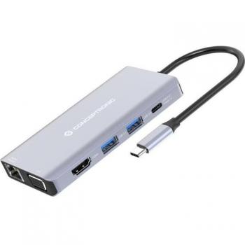Conceptronic DONN20G Base para Portátil y Replicador de Puertos USB 3.2 Gen 1 Type-C, HDMI, VGA, USB-A 3.0, Audio Jack, LAN Gigabit Ethernet,