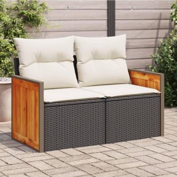 2-Seater Garden Sofa with Cushions in Black Poly Rattan