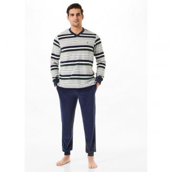 Pijama Largo de Hombre en Terciopelo con Estampado de Rayas Verdes