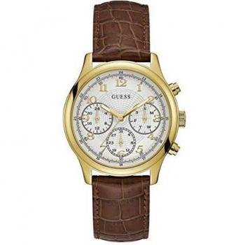 Guess Mens Taylor Brown Leather Strap White Chrono Gold Tone W1017L2
