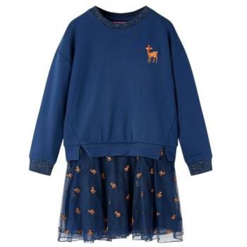 Vestido Infantil de Manga Larga Cuello Redondo Azul Marino 104