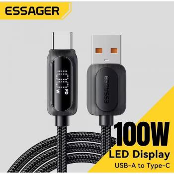 Cable USB Tipo C Essager 7A 100W, Carga Rápida, 2m Negro para Xiaomi, Huawei Mate 60, Samsung, Vivo, Honor, Realme y Oneplus
