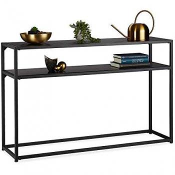 Consola Recibidor Alta con Dos Baldas, Mesa Auxiliar de Metal y MDF, 70 x 110 x 30 cm, Color Negro