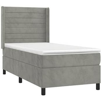 Cama box spring colchón y LED terciopelo gris claro 80x200 cm