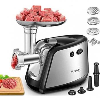 Aobosi Picadora de Carne Eléctrica, 1200W Max, 3 in 1 Salchicha y Máquina Picadora Carne con 3 Placas de Molienda,Embutidora de Salchichas, Función inversa, Motor de cobre, Acero Inoxidable Cuerpo
