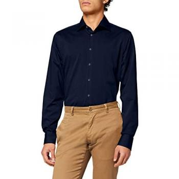 Camisa de Negocios Shaped Fit Seidensticker - 100% Algodón, Azul Oscuro, Manga Larga, Kent Kragen, Sin Planchado