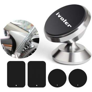 Soporte Magnético Móvil Coche Universal Aluminio con 4 Pegatinas Metalicas [Garantía de por vida], iVoler Mini Iman Móvil Coche / Soporte Auto Car Mount Metálico 360° Rotación Apoyo Pegar a Cualquier Superficie Limpiado para iPhone X / 8 / 8 Plus /