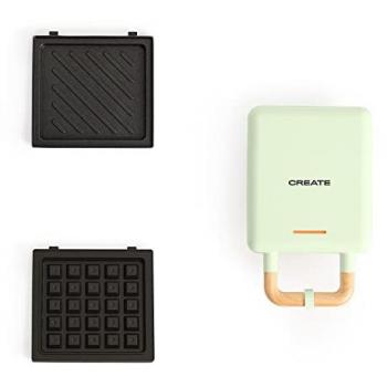 Sandwichera Grill y Gofrera Individual Intercambiable 600W Verde Pastel con Placas Antiadherentes y Autoapagado