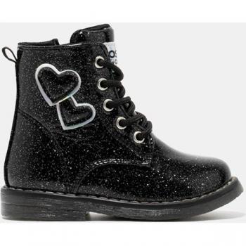 Botas de bebé niña tipo militar con detalles glitter y dibujo de corazones