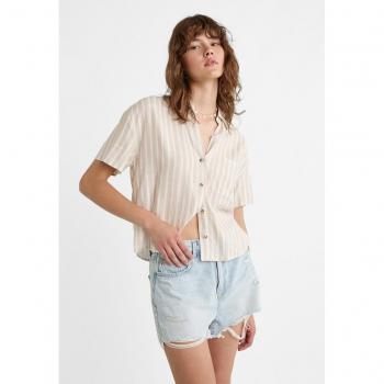 Striped Linen Blend Short Sleeve Shirt in Stone - Size L