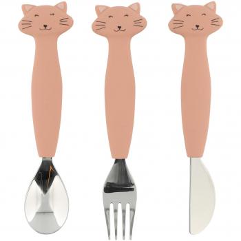 Set de Cubiertos de Silicona/Inox Gato Trixie-Baby - Set de 3 cubiertos para la 2ª edad, incluye cuchara, tenedor y cuchillo, fabricados en silicona y acero inoxidable,