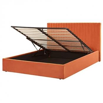 Cama Ottoman de Almacenaje en Terciopelo Naranja 160 x 200 cm con Cabecero Capitonné Vion