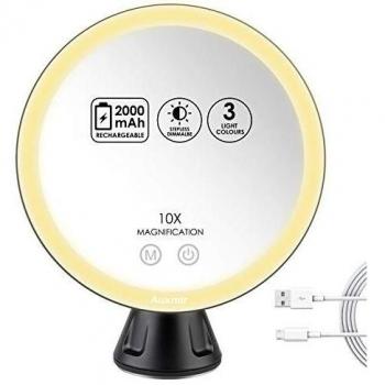 Auxmir Espejo Maquillaje con Luz 10X, Espejo Aumento con LED Ventosa USB Recargable, 360 Rotación, 3 Luces Ajustables Brillo Ajustable, Portátil, para Baño Afeitado Depilación Cejas, Negro