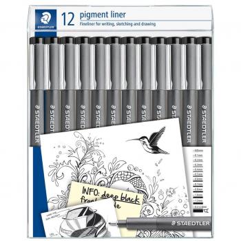 Staedtler Pigment Liner 308 Pack de 12 Rotuladores Calibrados - Tamaños de Puntas Surtidos - Color Negro
