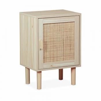 Mesita de noche de caña y madera natural, efecto caña, dimensiones 40x30x58 cm, 2 niveles, 1 puerta, patas rectas