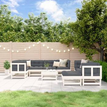 10-Piece White Solid Wood Garden Lounge Set with Cushions