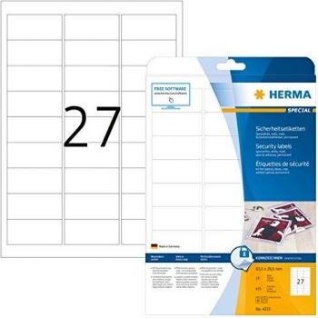 Etiquetas de Seguridad Blancas HERMA 63,5x29,6 mm, Adhesión Extremadamente Fuerte, A4, 675 Unidades