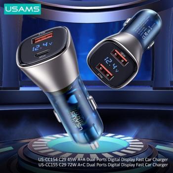 Cargador de Coche USAMS 72W Dual USB Tipo C Rápido 45W Oro Claro para iPhone y Huawei