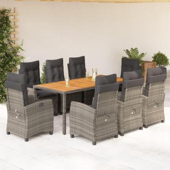 9-Piece Grey Poly Rattan Garden Dining Set with Cushions