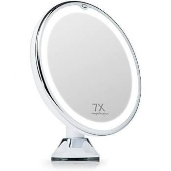Fancii Espejo de Maquillaje con Luz LED Naturales y Aumento de 7X, Espejo Ventosa con 360 Rotación, 20 cm de Ancho, Portátil y Compacto