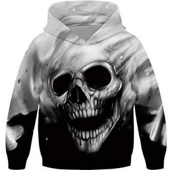 Freshhoodies Niños Niñas Sudadera con Capucha 3D Cráneo Impresa Pull-Over Sudadera Pullover Manga Larga Cordón Camiseta Hoodies Tops 8-11 Años