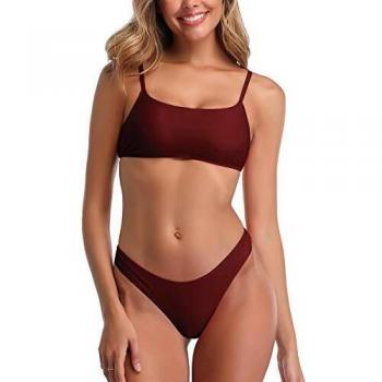 Conjuntos de Bikinis para Mujer Push Up Bikini Traje de baño de Tanga de Cintura Baja Vino Rojo XL