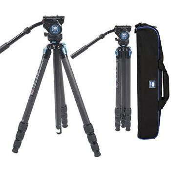 Trípode profesional Sirui ST-224 de fibra de carbono con cabezal de video fluido VH-10, 72 pulgadas, impermeable, columna central triangular y carga máxima de 14 libras