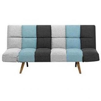 Sofá Cama de Tela Gris/Azul Ingaro con Respaldo Reclinable y Diseño Patchwork Multicolor 3 Plazas
