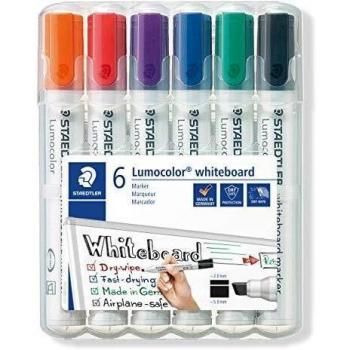 STAEDTLER Lumocolor 351 B WP6, Rotuladores para Pizarra Blanca, Estuche con 6 Marcadores de Colores Variados, Blíster con Seis Marcadores.
