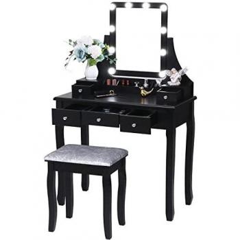 ANWBROAD Juego de Tocador 10 Bombillas Escritorio Grande de Maquillaje con Taburete Almohadillas Espejo sin Marco 5 cajones y 2 separadores Organizador Almacenamiento de Joyas para Negro BDT04B