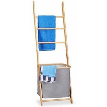 Toallero Escalera de Bambú con Cesto para Colada, Natural-Beige-Gris, 139 x 43.5 x 33 cm - Relaxdays