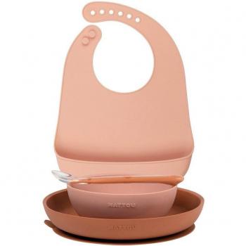 Set de Vajilla y Babero de Silicona Nattou en Rosa