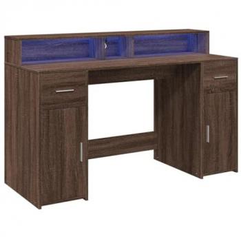 Escritorio con LED de madera ingeniería marrón roble 140x55x91 cm