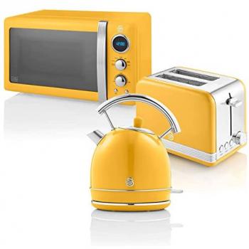 Set Desayuno Retro Swan: Hervidor de Agua 1,8L, Tostadora 2 Rebanadas, Microondas Digital 20L, Amarillo Vintage