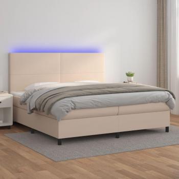 Cama box spring con colchón LED de cuero sintético capuchino 200x200cm