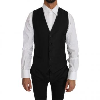 Sleek Black Wool-Silk Formal Vest - IT50 | L by Dolce & Gabbana, Slim Fit, Male, Black, Size: L