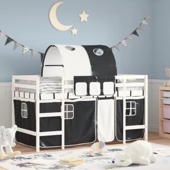 Cama loft para niños con túnel de madera de pino en color blanco y negro, dimensiones 80x200 cm