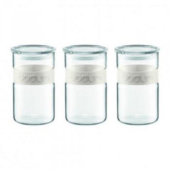 Bodum Presso - Set de 3 tarros de cristal con tapa, 1 l, con banda de silicona de color blanco crema